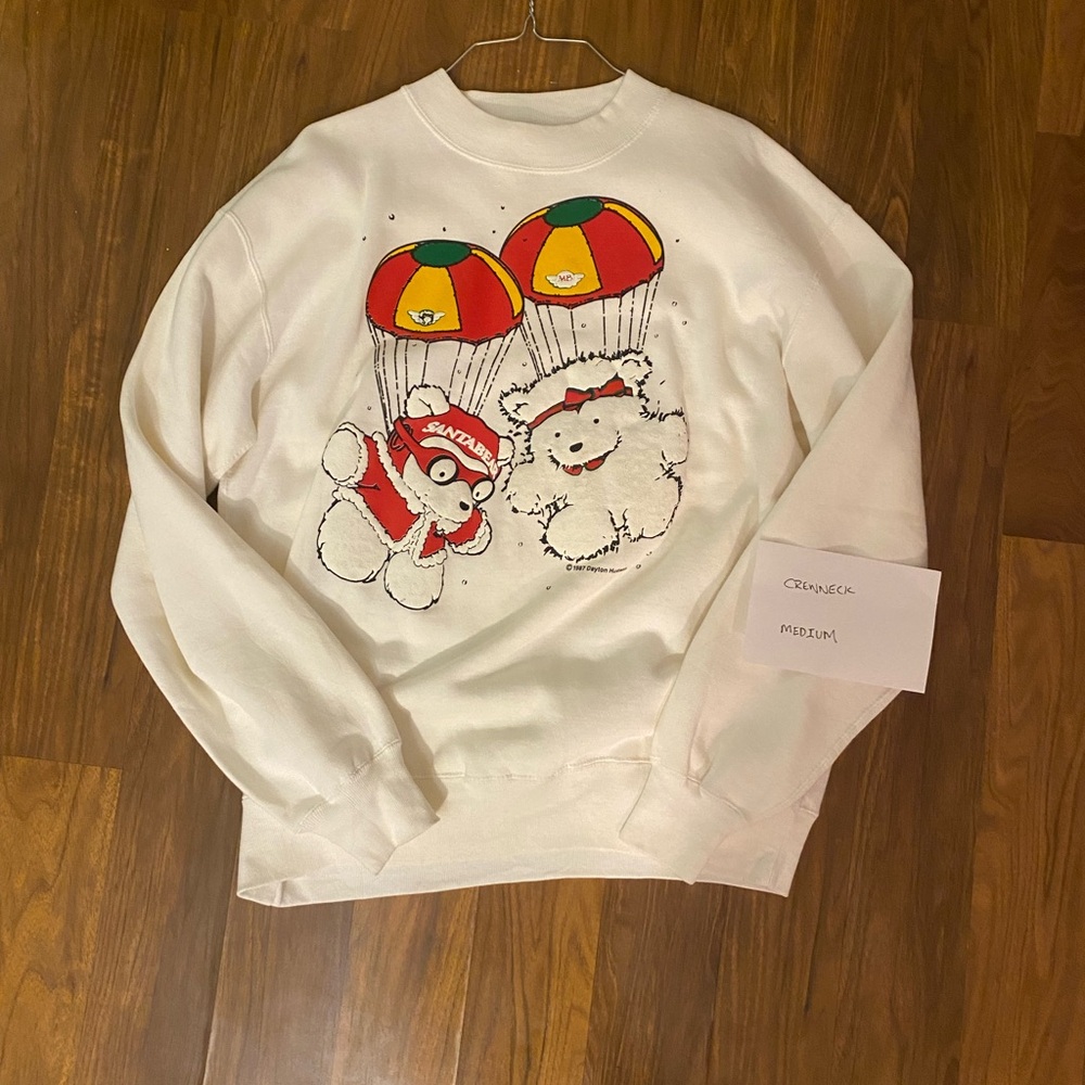 White Crewneck with Parachuting Bears Graphic